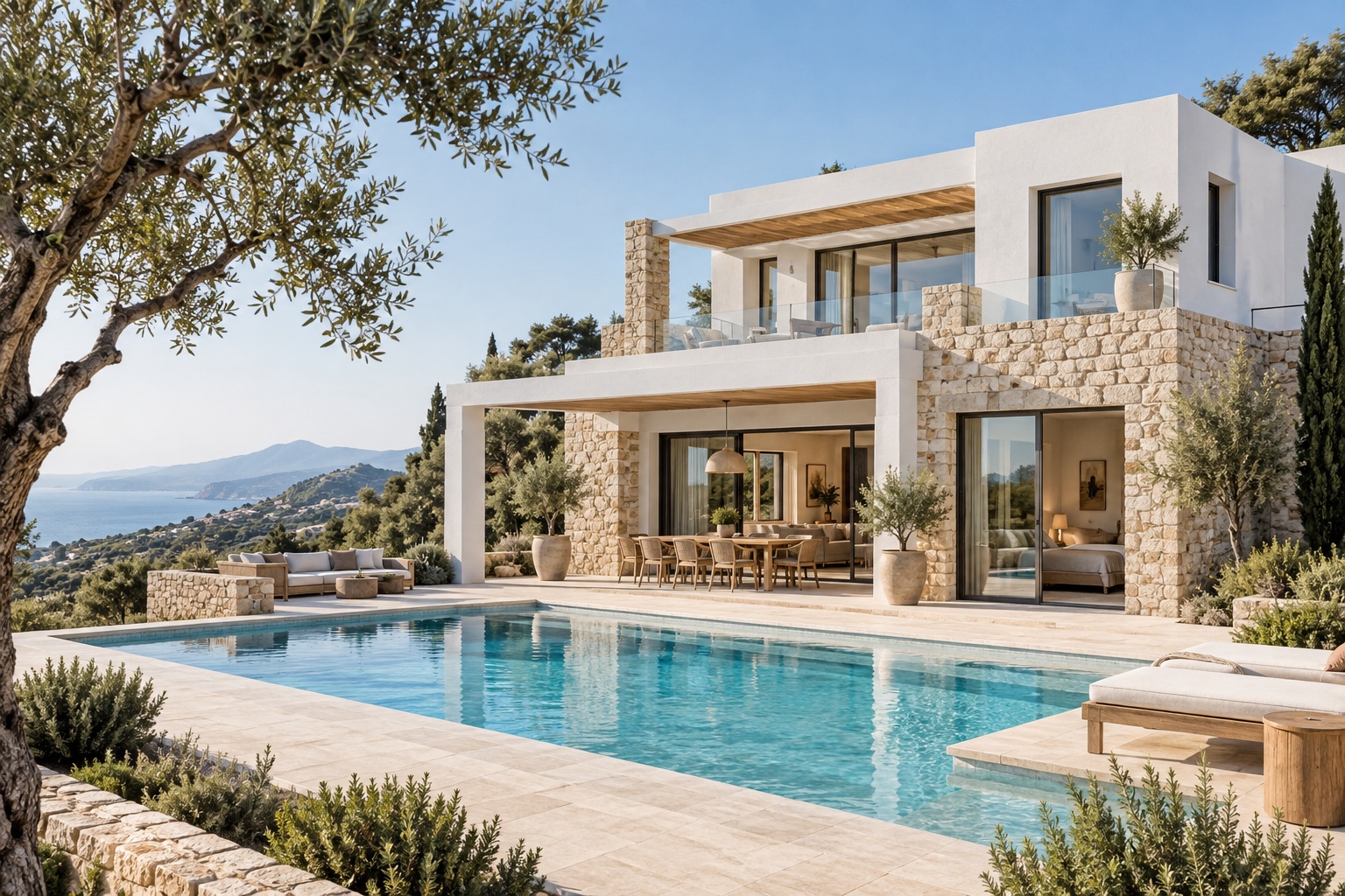 Illustrative modern coastal villa with a swimming pool